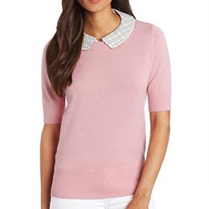 Pink Tartan Pink Short-Sleeve Sweater Top with Decorative Peter Pan Collar